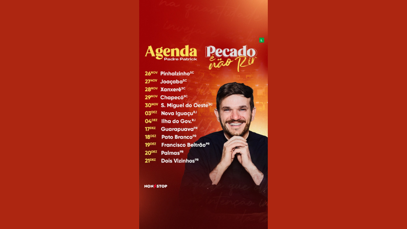Padre Patrick e Non Stop convidam o público para rir dos próprios pecados em um espetáculo imperdível.